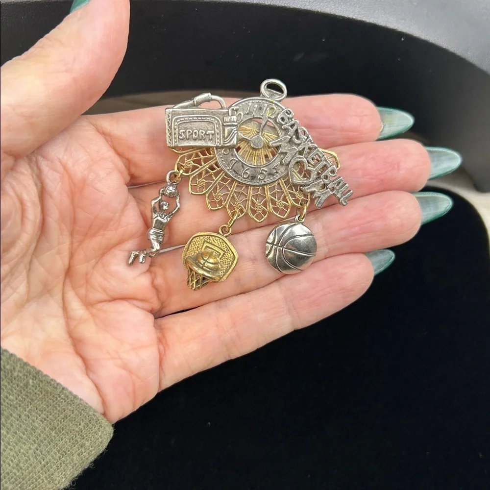 Vintage Gold and Silver Basketball Mom Charm Brooch